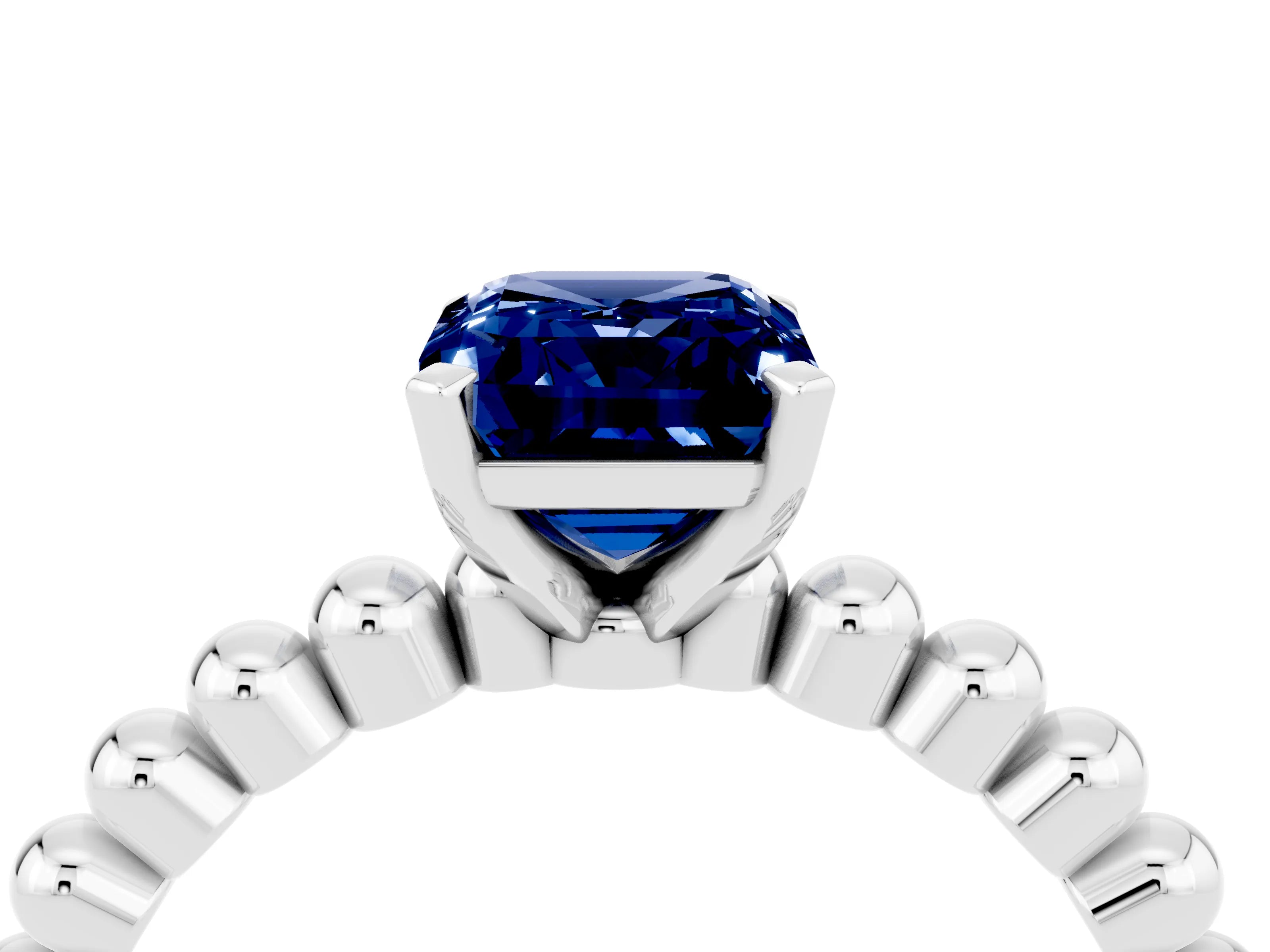 White gold Emerald Cut Blue Sapphire Solitaire Ring with Beaded Band and Prong Setting_4