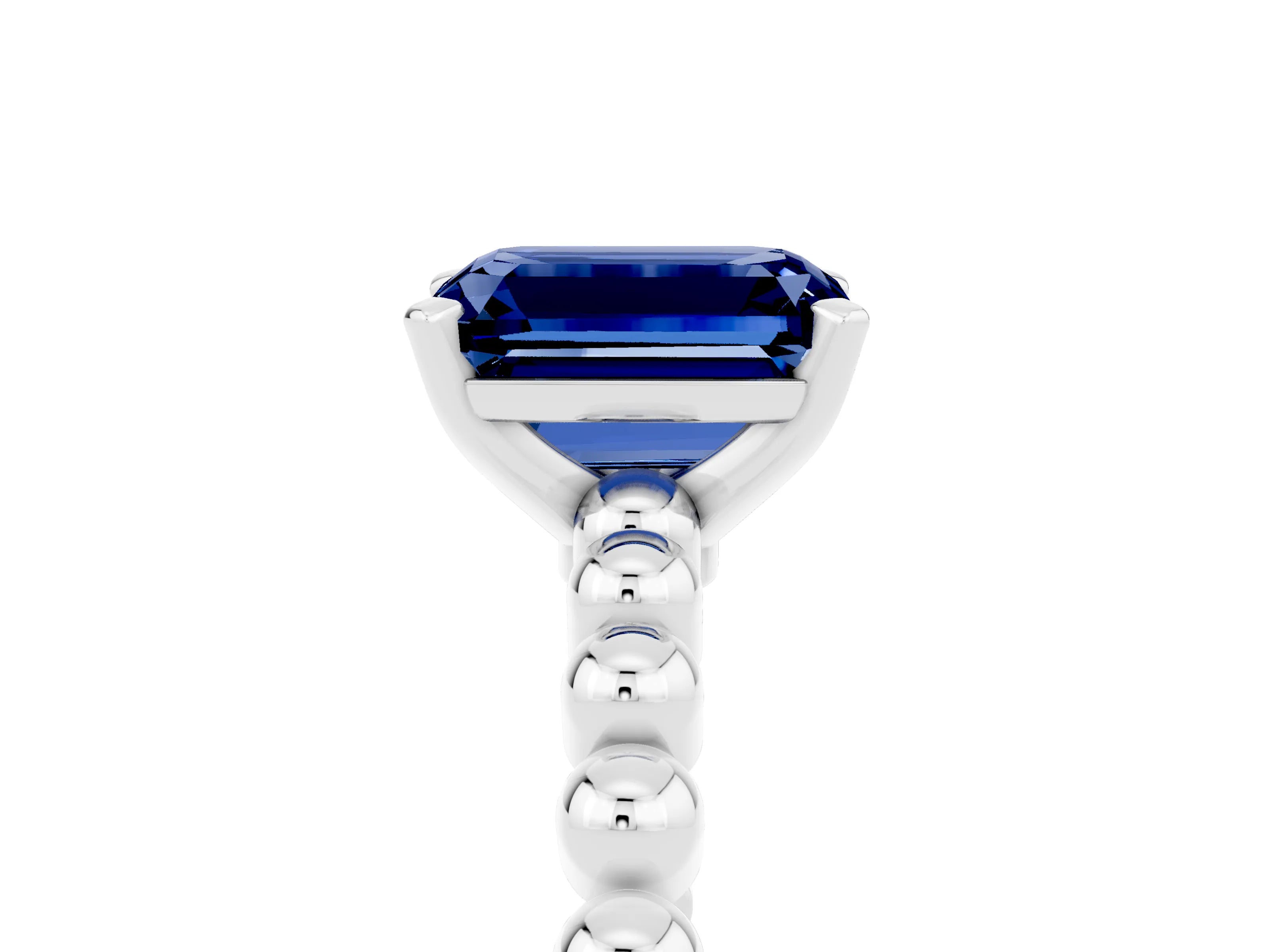 White gold Emerald Cut Blue Sapphire Solitaire Ring with Beaded Band and Prong Setting_5