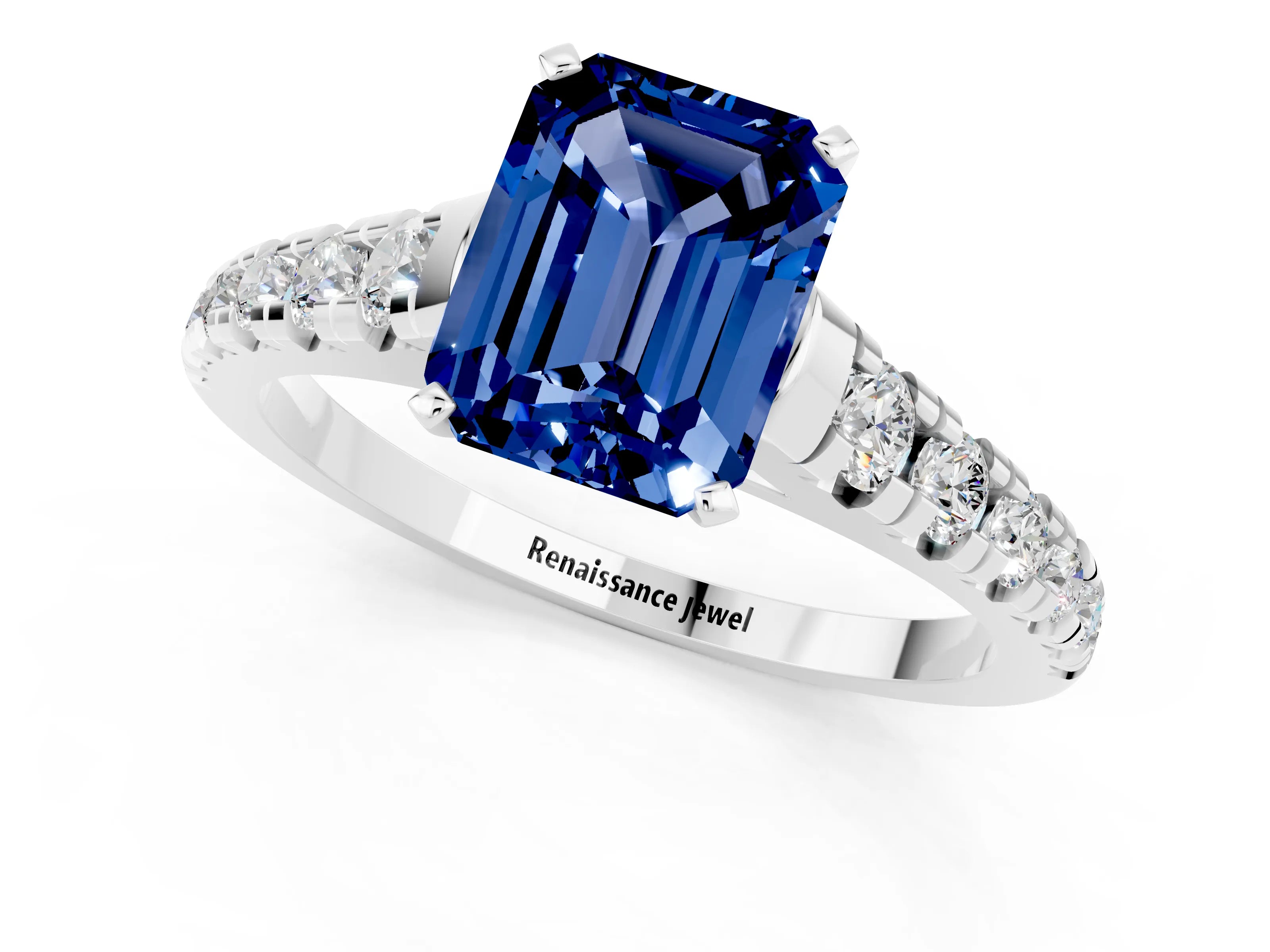 White gold Emerald Cut Blue Sapphire Solitaire Ring with Cathedral Setting and Pavé Band_1
