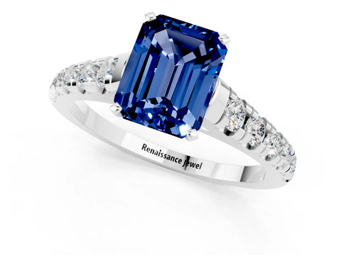 White gold Emerald Cut Blue Sapphire Solitaire Ring with Cathedral Setting and Pavé Band_1