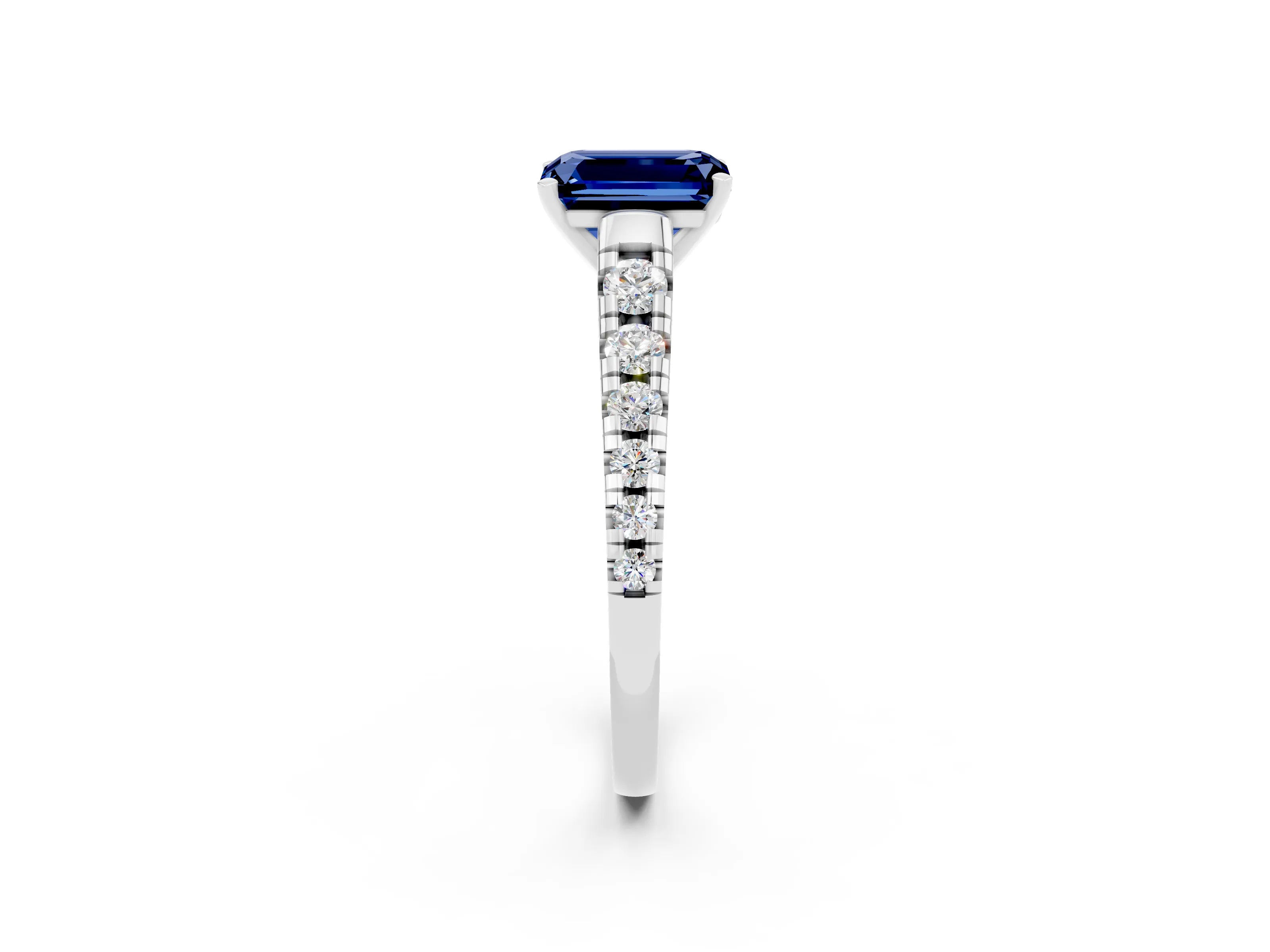 White gold Emerald Cut Blue Sapphire Solitaire Ring with Cathedral Setting and Pavé Band_2