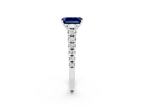 White gold Emerald Cut Blue Sapphire Solitaire Ring with Cathedral Setting and Pavé Band_2