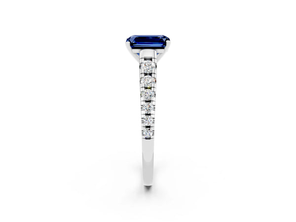 Silver Emerald Cut Blue Sapphire Cathedral Solitaire Ring with Round  Pavé Band