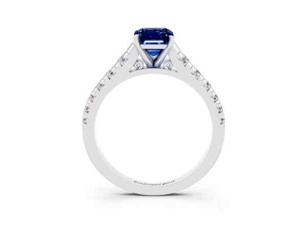 Platinum Emerald Cut Blue Sapphire Cathedral Solitaire Ring with Round  Pavé Band