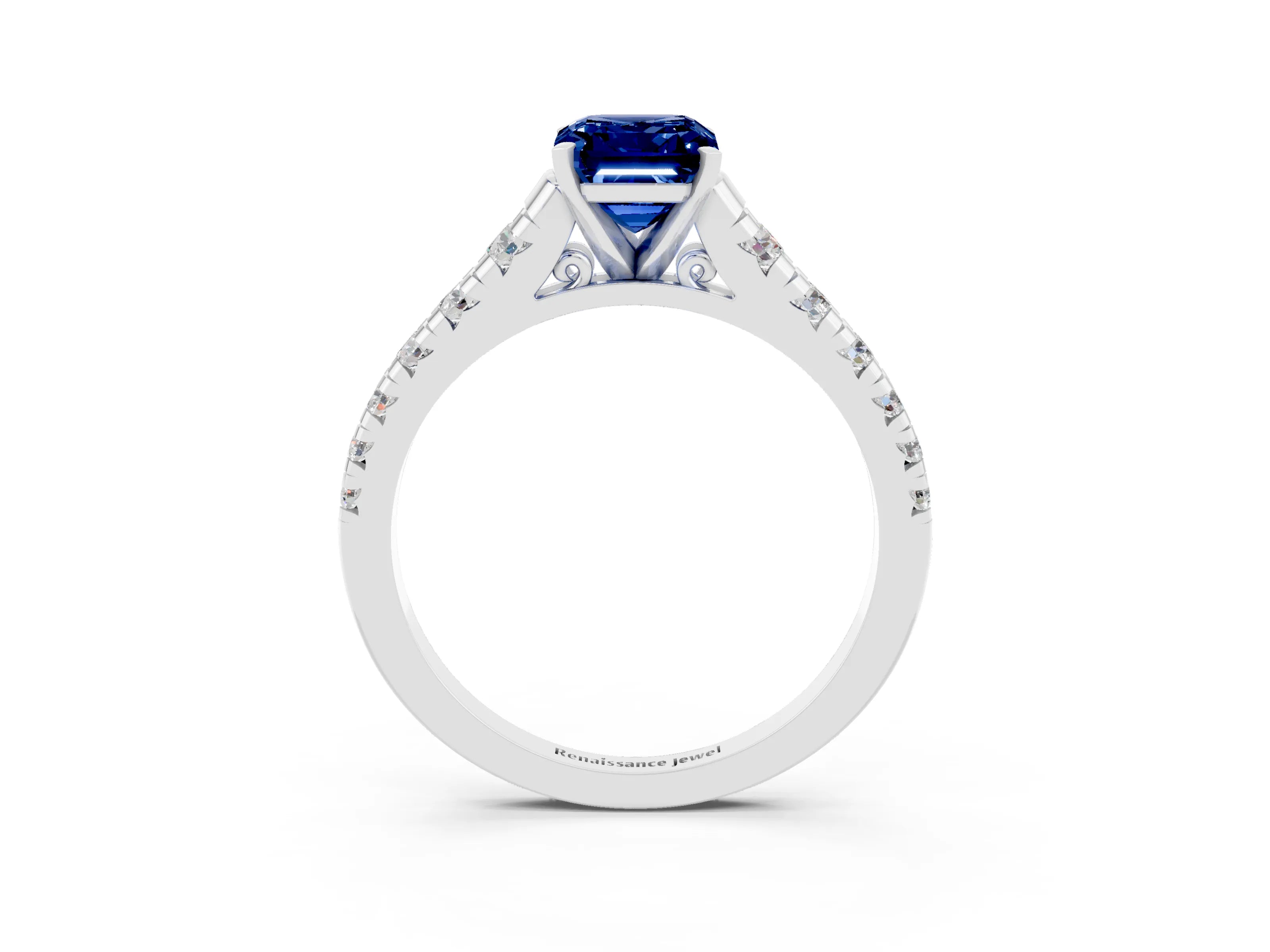White gold Emerald Cut Blue Sapphire Solitaire Ring with Cathedral Setting and Pavé Band_3