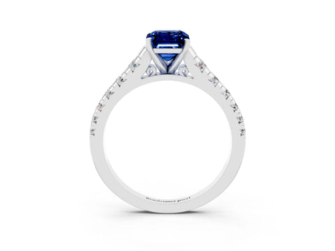 White gold Emerald Cut Blue Sapphire Solitaire Ring with Cathedral Setting and Pavé Band_3