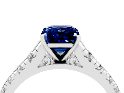 White gold Emerald Cut Blue Sapphire Solitaire Ring with Cathedral Setting and Pavé Band_4