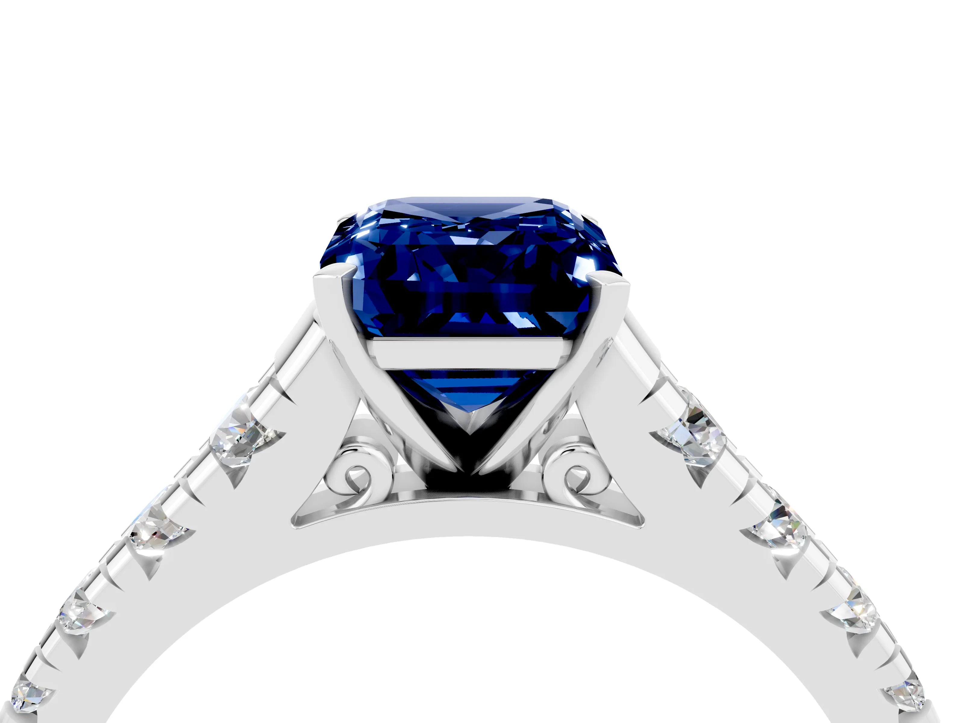 White gold Emerald Cut Blue Sapphire Solitaire Ring with Cathedral Setting and Pavé Band_4