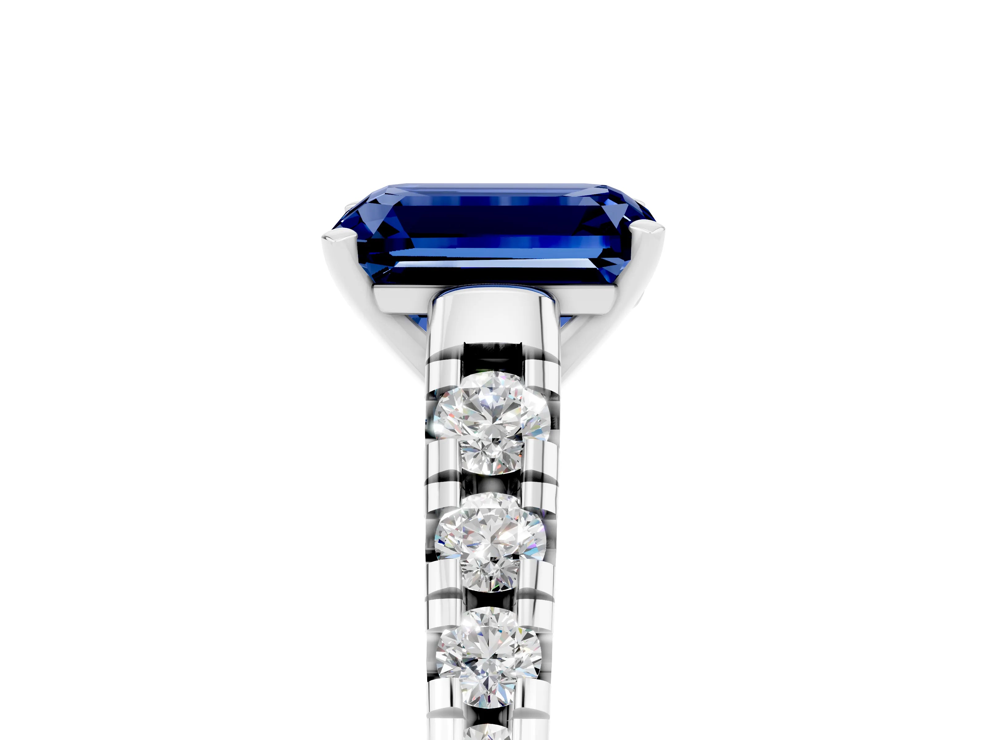 White gold Emerald Cut Blue Sapphire Solitaire Ring with Cathedral Setting and Pavé Band_5