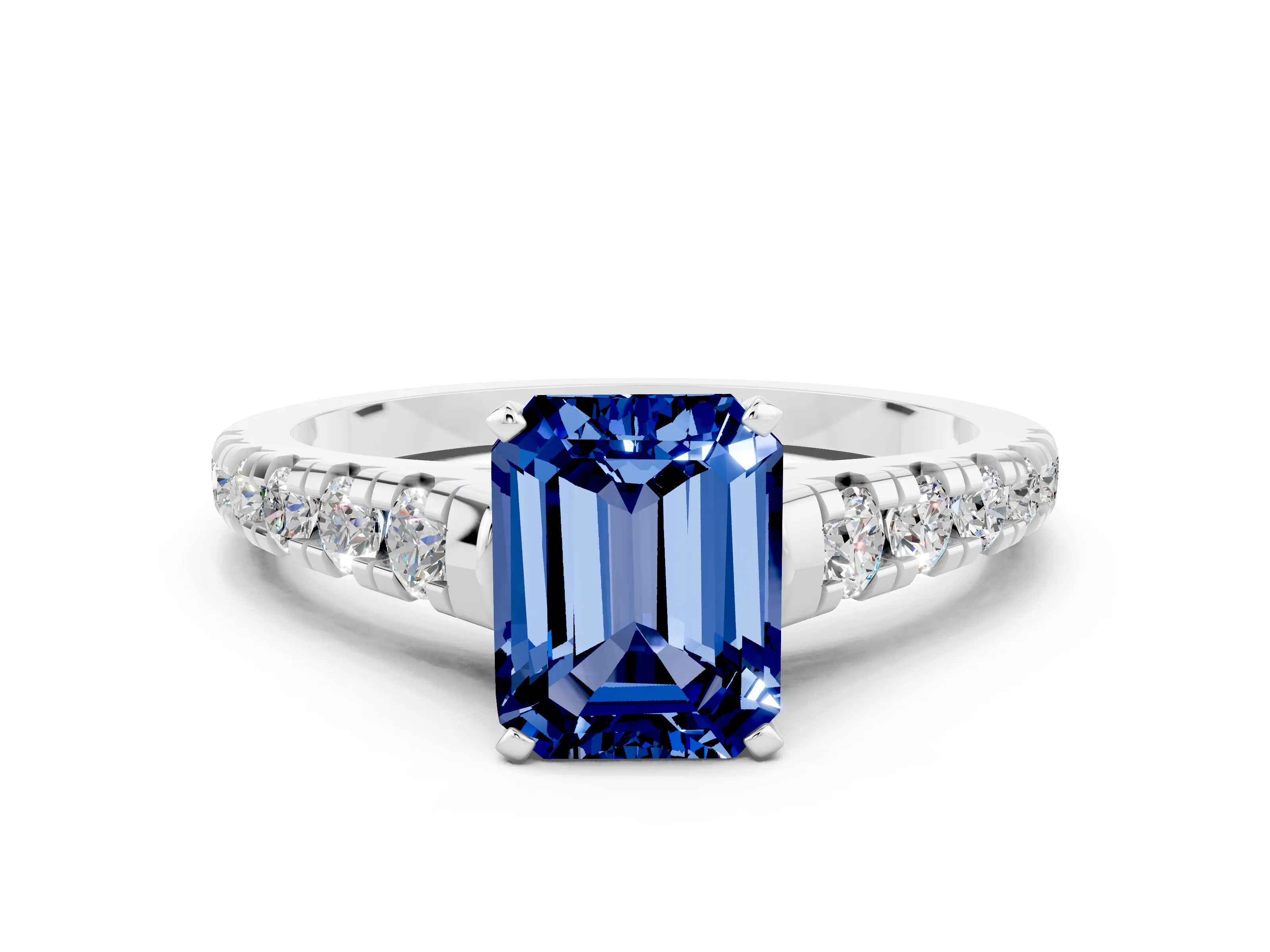 White gold Emerald Cut Blue Sapphire Solitaire Ring with Cathedral Setting and Pavé Band