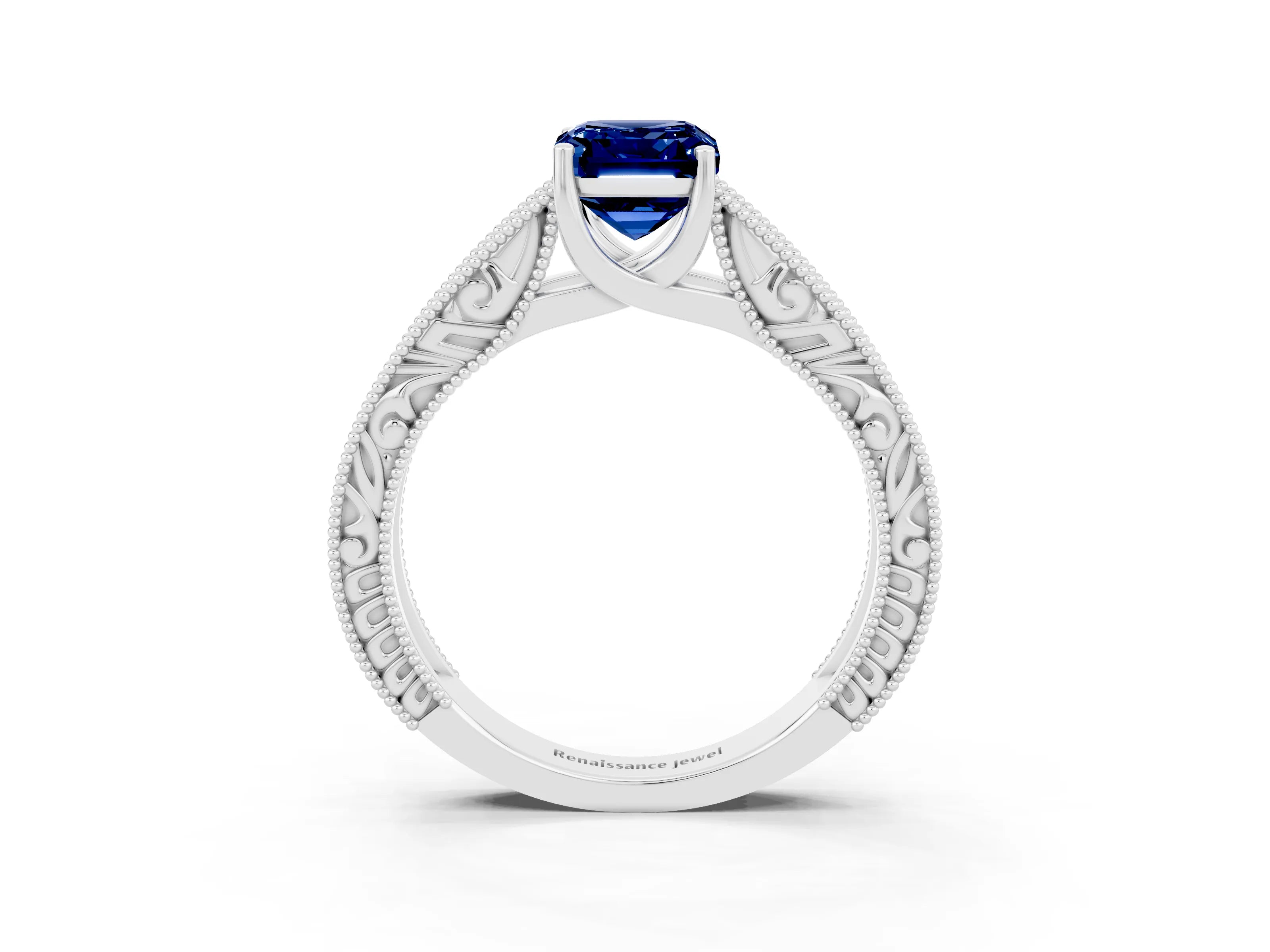 White gold Emerald Cut Blue Sapphire Solitaire Ring with Engraved Band and Four-Prong Setting_3