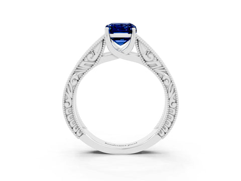 White gold Emerald Cut Blue Sapphire Solitaire Ring with Engraved Band and Four-Prong Setting_3