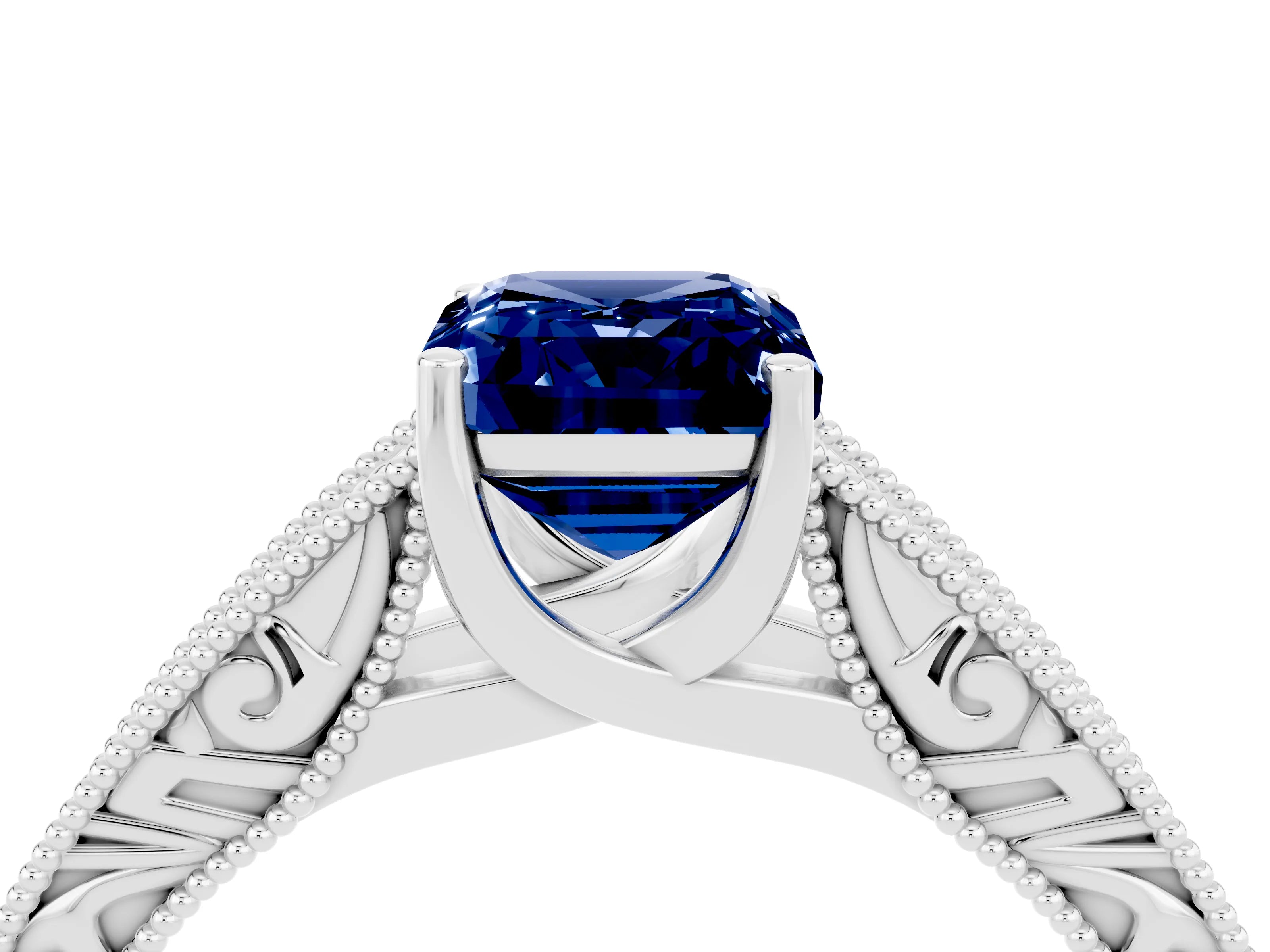 White gold Emerald Cut Blue Sapphire Solitaire Ring with Engraved Band and Four-Prong Setting_4