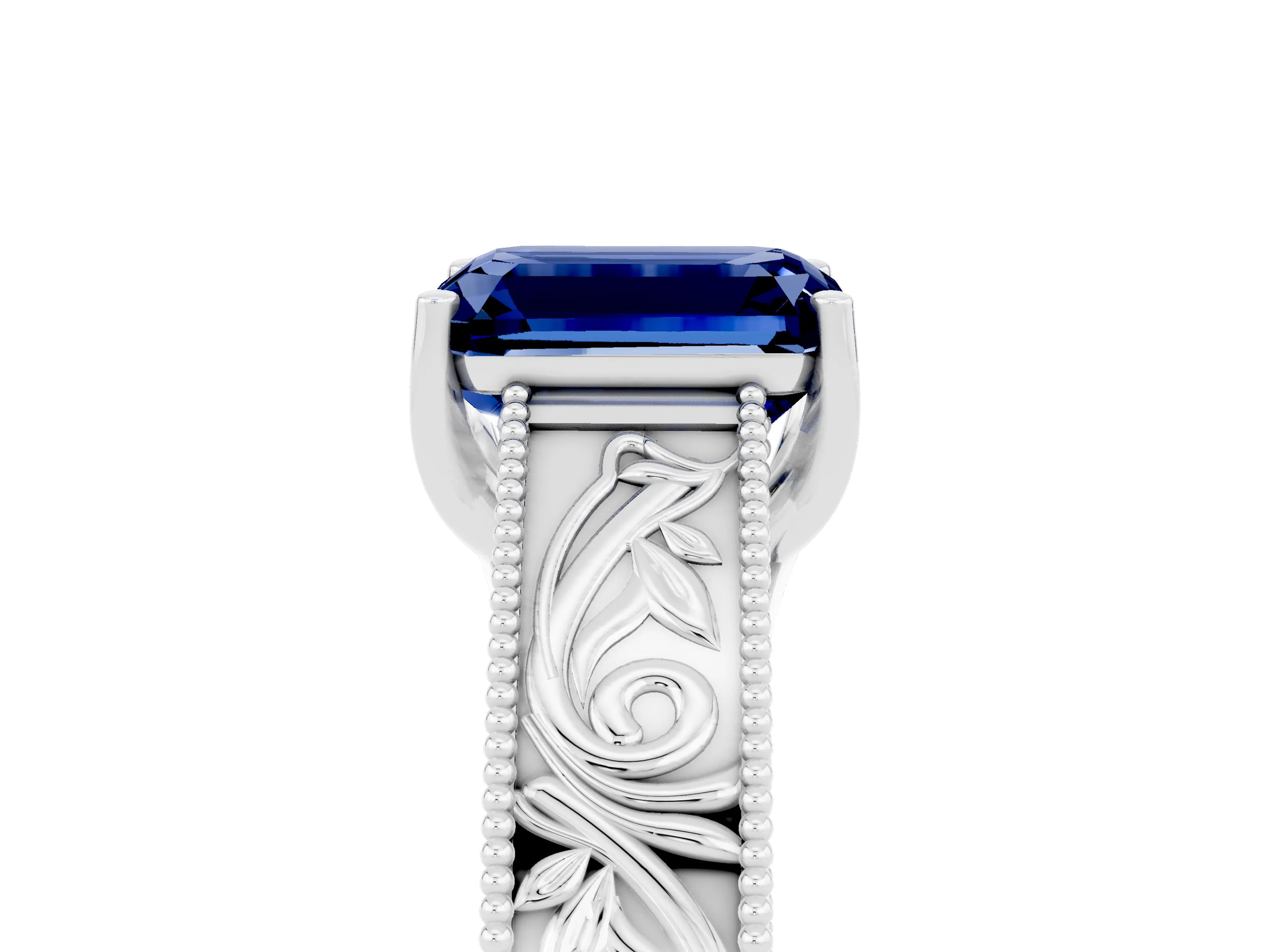 White gold Emerald Cut Blue Sapphire Solitaire Ring with Engraved Band and Four-Prong Setting_5