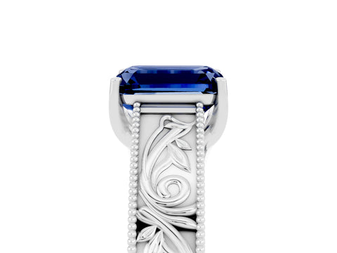 White gold Emerald Cut Blue Sapphire Solitaire Ring with Engraved Band and Four-Prong Setting_5