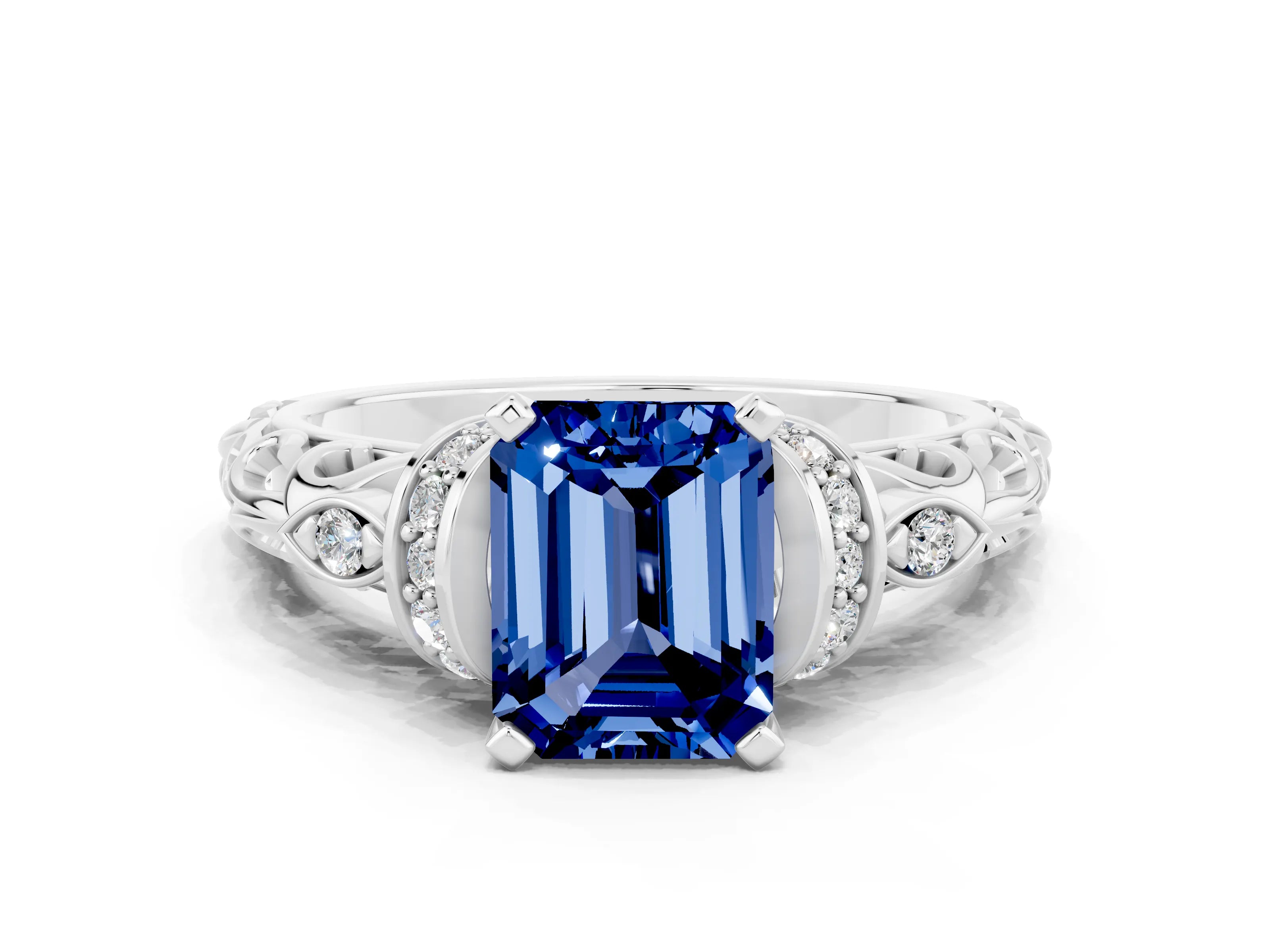 White gold Emerald Cut Blue Sapphire Solitaire Ring with Filigree Band and Four-Prong Setting_24