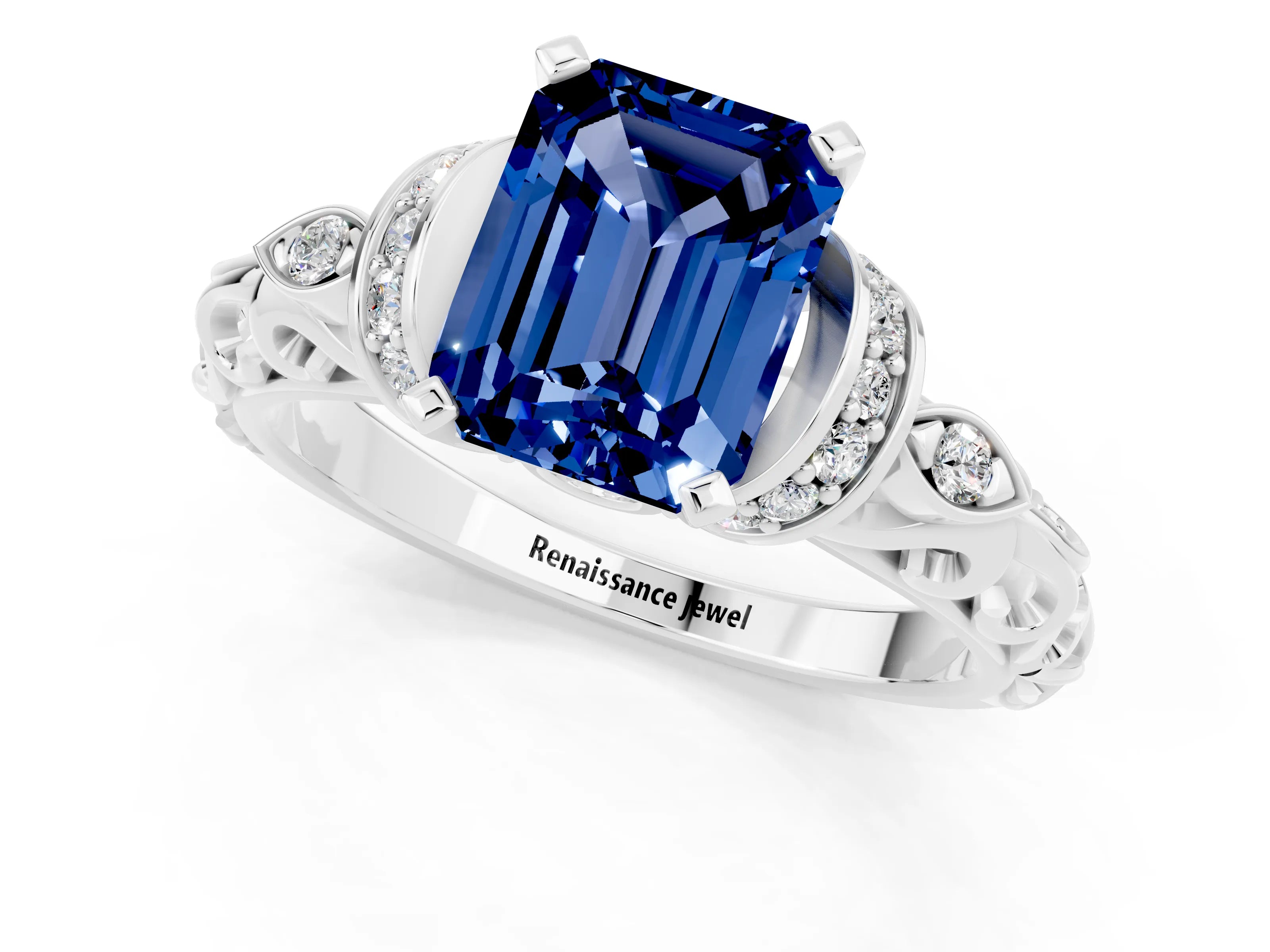 White gold Emerald Cut Blue Sapphire Solitaire Ring with Filigree Band and Four-Prong Setting_25
