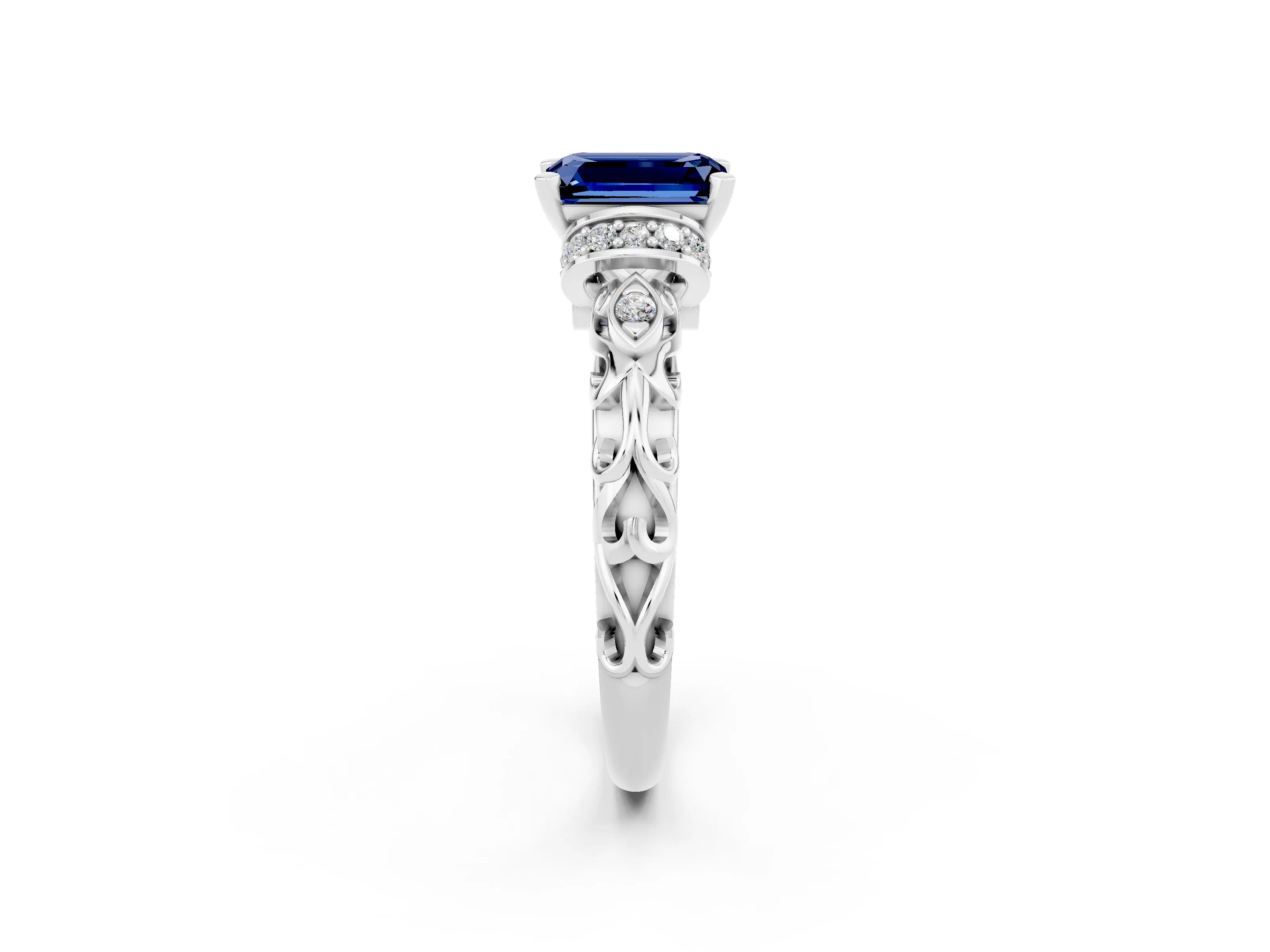 White gold Emerald Cut Blue Sapphire Solitaire Ring with Filigree Band and Four-Prong Setting_26