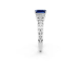 White gold Emerald Cut Blue Sapphire Solitaire Ring with Filigree Band and Four-Prong Setting_26