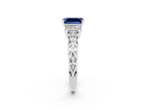 White gold Emerald Cut Blue Sapphire Solitaire Ring with Filigree Band and Four-Prong Setting_26