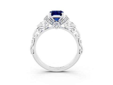White gold Emerald Cut Blue Sapphire Solitaire Ring with Filigree Band and Four-Prong Setting_27