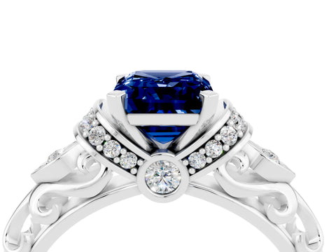 White gold Emerald Cut Blue Sapphire Solitaire Ring with Filigree Band and Four-Prong Setting_28