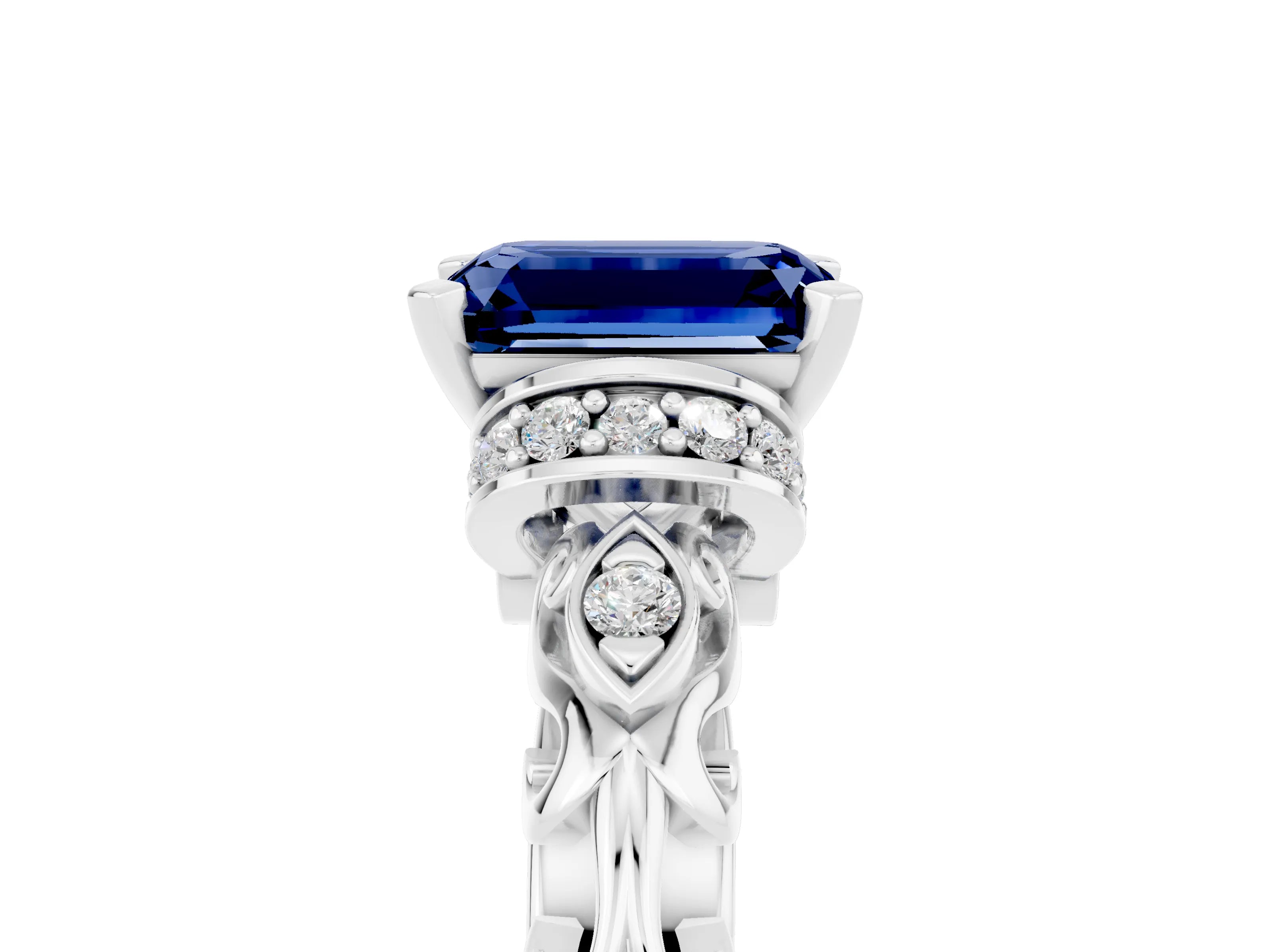 White gold Emerald Cut Blue Sapphire Solitaire Ring with Filigree Band and Four-Prong Setting_29
