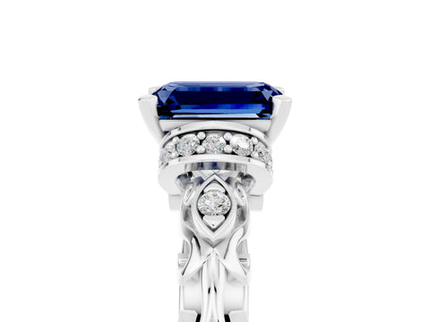 White gold Emerald Cut Blue Sapphire Solitaire Ring with Filigree Band and Four-Prong Setting_29
