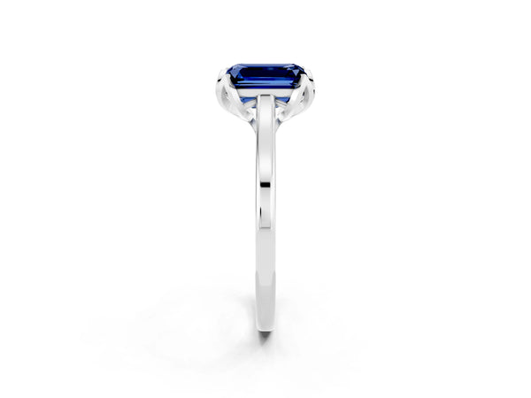 White gold Emerald Cut Blue Sapphire Solitaire Ring with Flower Prong Setting and Classic Band
