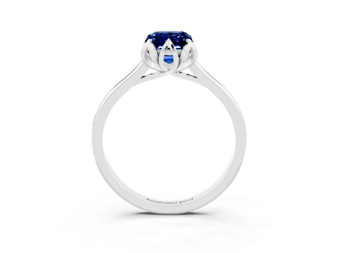 White gold Emerald Cut Blue Sapphire Solitaire Ring with Flower Prong Setting and Classic Band_15