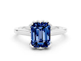 White gold Emerald Cut Blue Sapphire Solitaire Ring with Flower Prong Setting and Classic Band_37