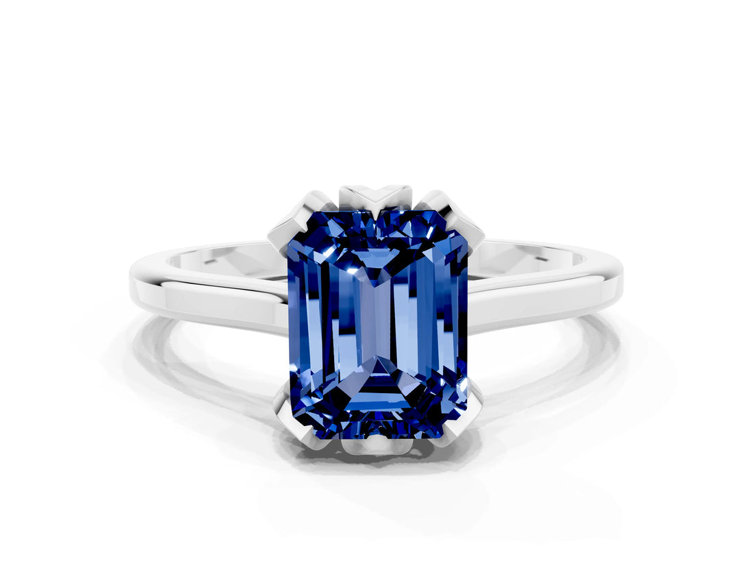 White gold Emerald Cut Blue Sapphire Solitaire Ring with Flower Prong Setting and Classic Band_73
