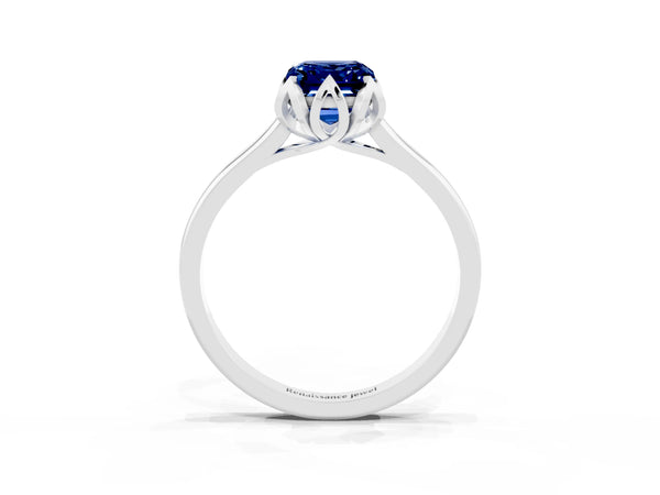White Gold Emerald Cut Lab-Grown Blue Sapphire Floral Solitaire Engagement Ring with Plain Band
