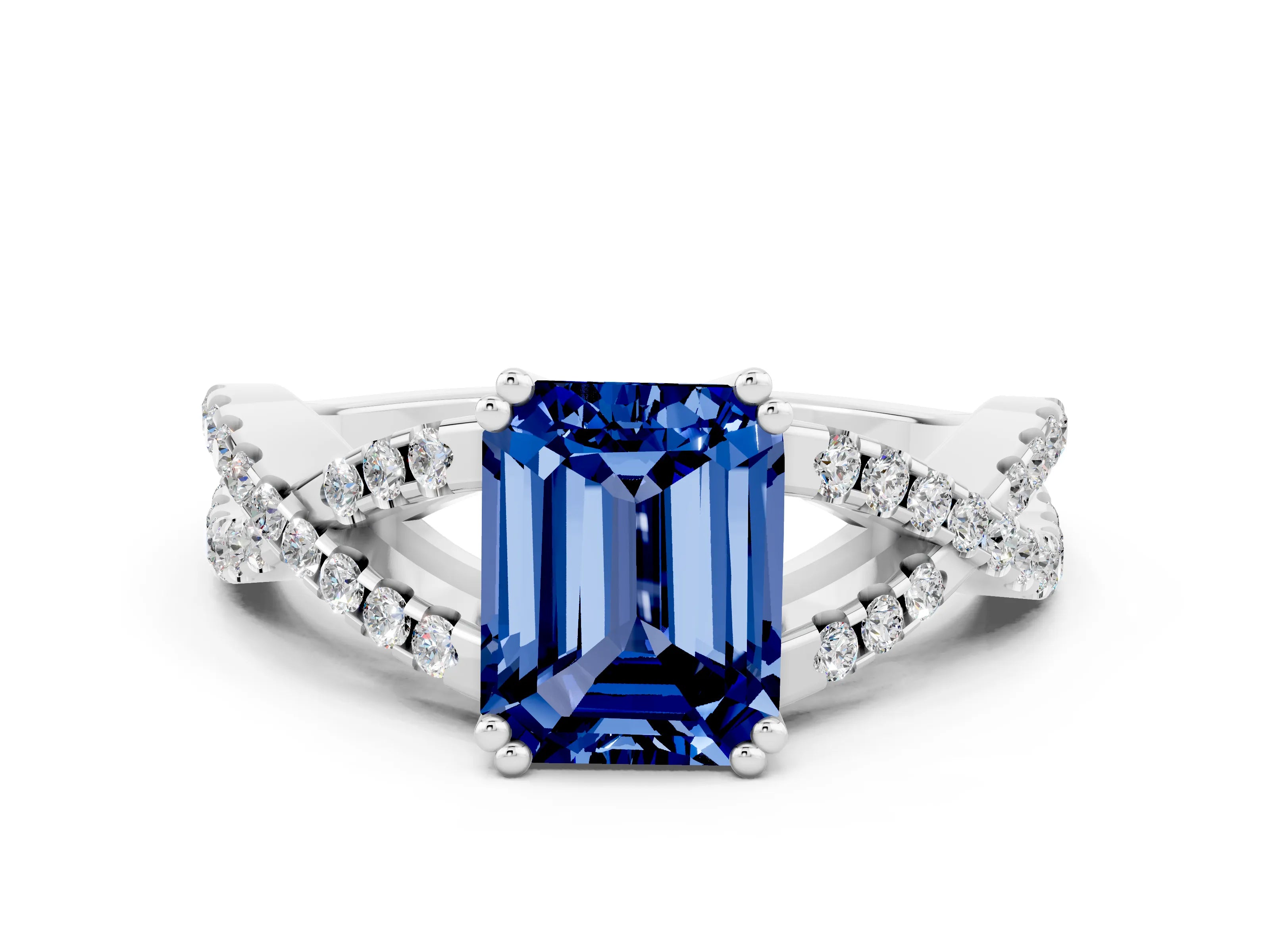 White gold Emerald Cut Blue Sapphire Solitaire Ring with Four-Prong Setting and Twisted Pavé Band