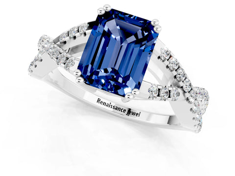 White gold Emerald Cut Blue Sapphire Solitaire Ring with Four-Prong Setting and Twisted Pavé Band_1