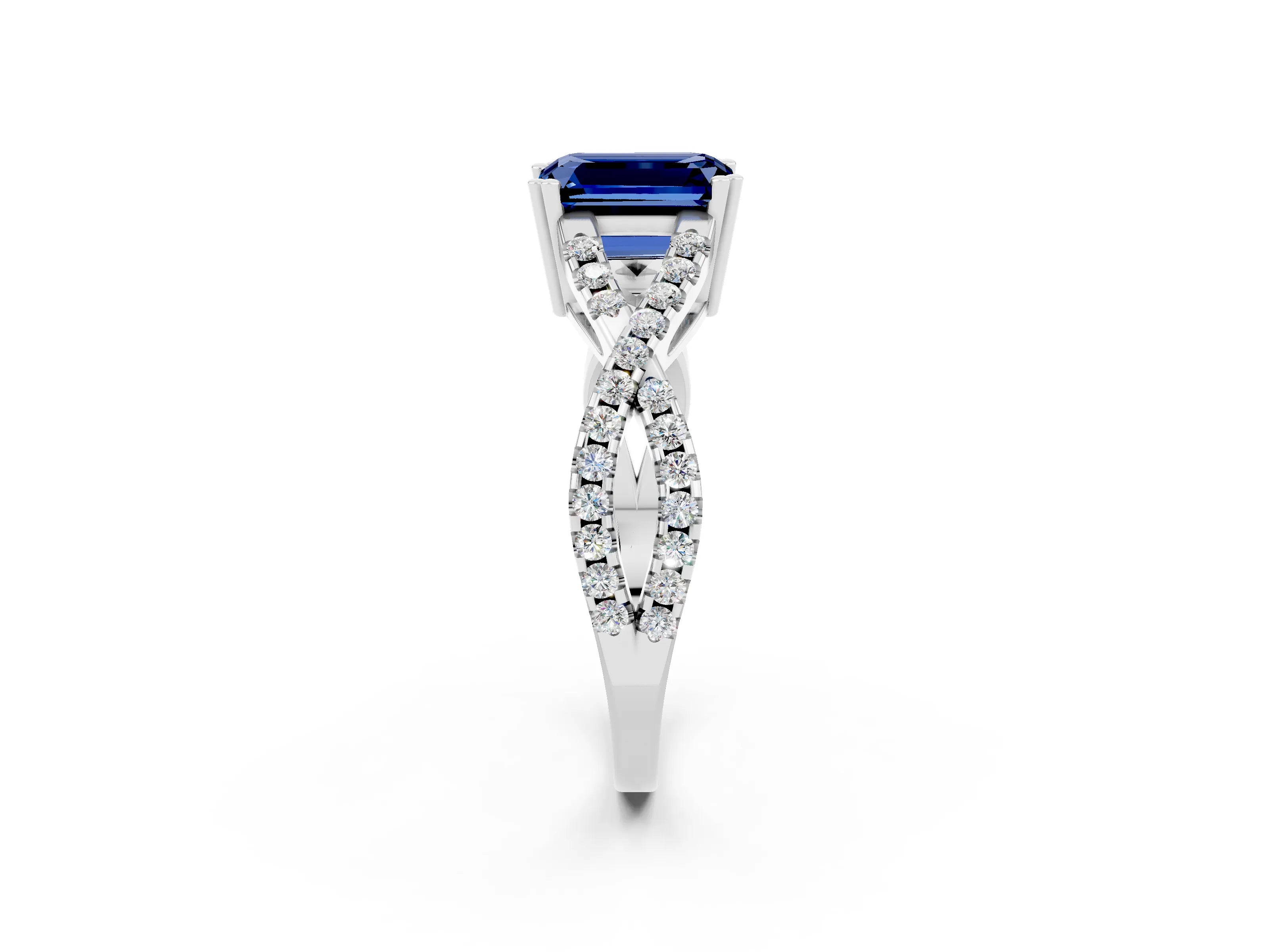 White gold Emerald Cut Blue Sapphire Solitaire Ring with Four-Prong Setting and Twisted Pavé Band_2