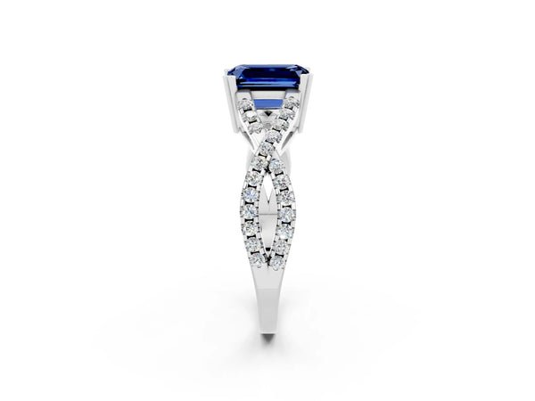 Platinum Emerald Cut Blue Sapphire Solitaire Ring with Four-Prong Setting and Twisted Pavé Band