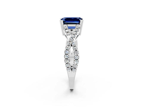 White gold Emerald Cut Blue Sapphire Solitaire Ring with Four-Prong Setting and Twisted Pavé Band_2