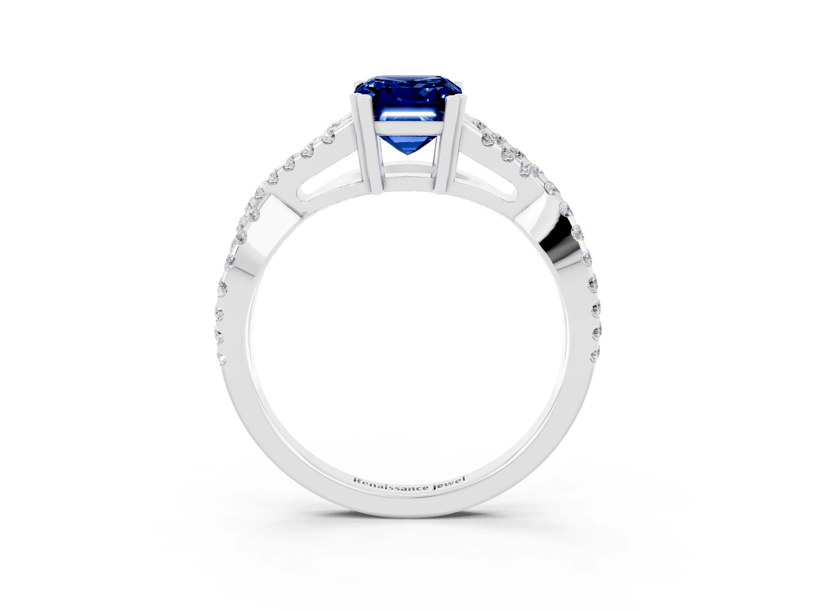 White gold Emerald Cut Blue Sapphire Solitaire Ring with Four-Prong Setting and Twisted Pavé Band_3