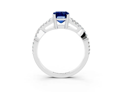 White gold Emerald Cut Blue Sapphire Solitaire Ring with Four-Prong Setting and Twisted Pavé Band_3