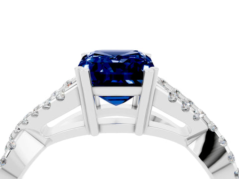 White gold Emerald Cut Blue Sapphire Solitaire Ring with Four-Prong Setting and Twisted Pavé Band_4