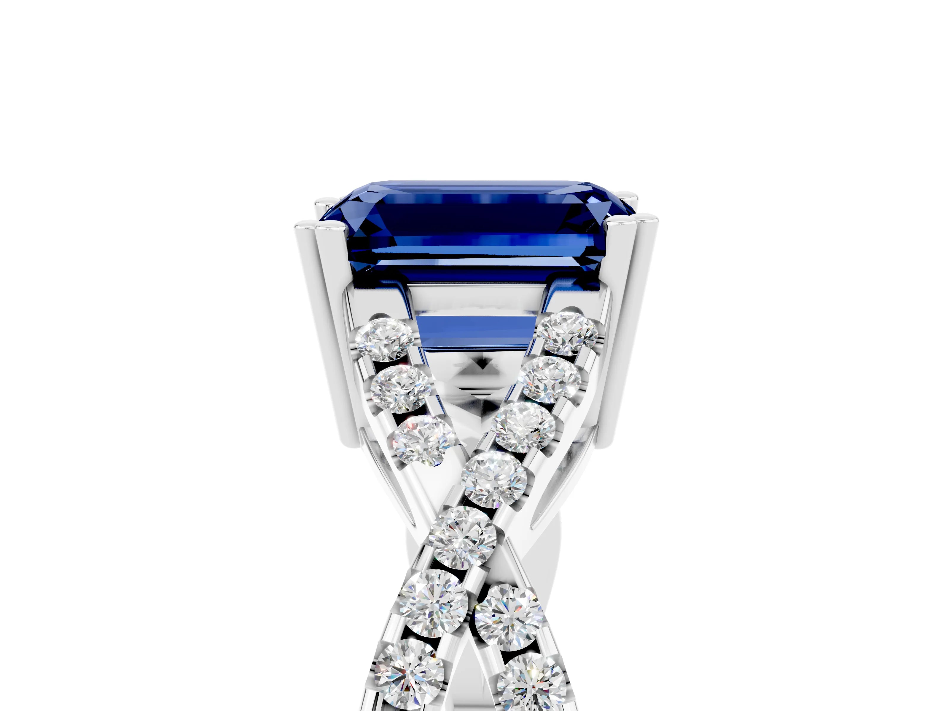 White gold Emerald Cut Blue Sapphire Solitaire Ring with Four-Prong Setting and Twisted Pavé Band_5