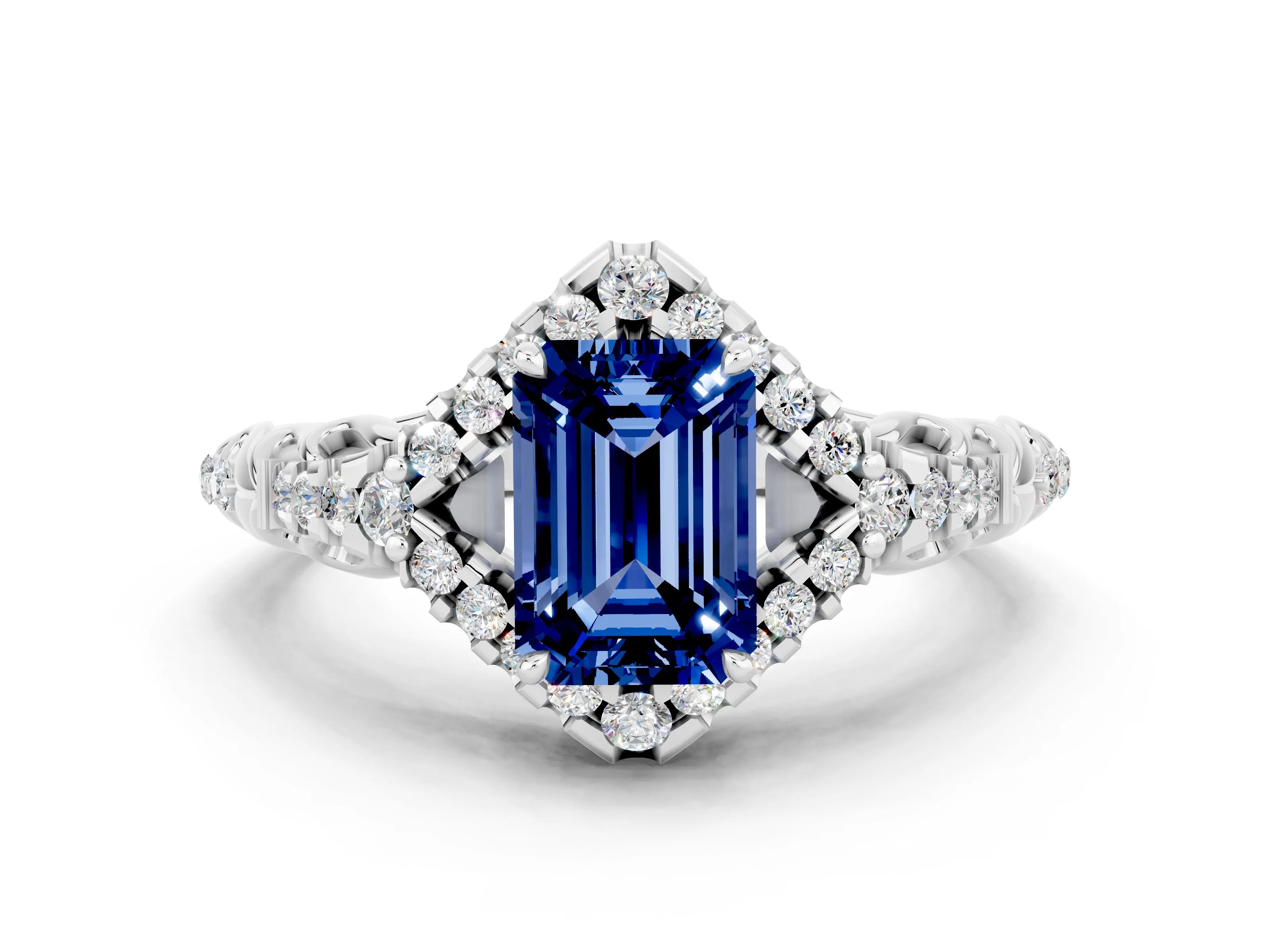 White gold Emerald Cut Blue Sapphire Solitaire Ring with Hidden Halo and Pavé Band_12