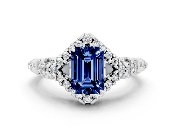Silver Emerald Cut Blue Sapphire Solitaire Ring with Hidden Halo and Pavé Band