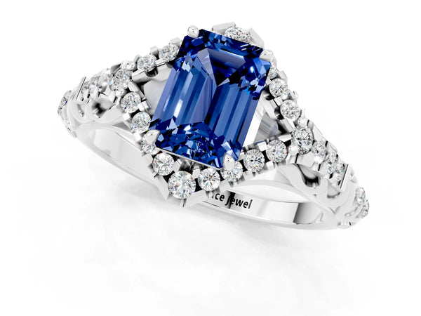Silver Emerald Cut Blue Sapphire Solitaire Ring with Hidden Halo and Pavé Band
