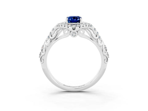 White gold Emerald Cut Blue Sapphire Solitaire Ring with Hidden Halo and Pavé Band_15
