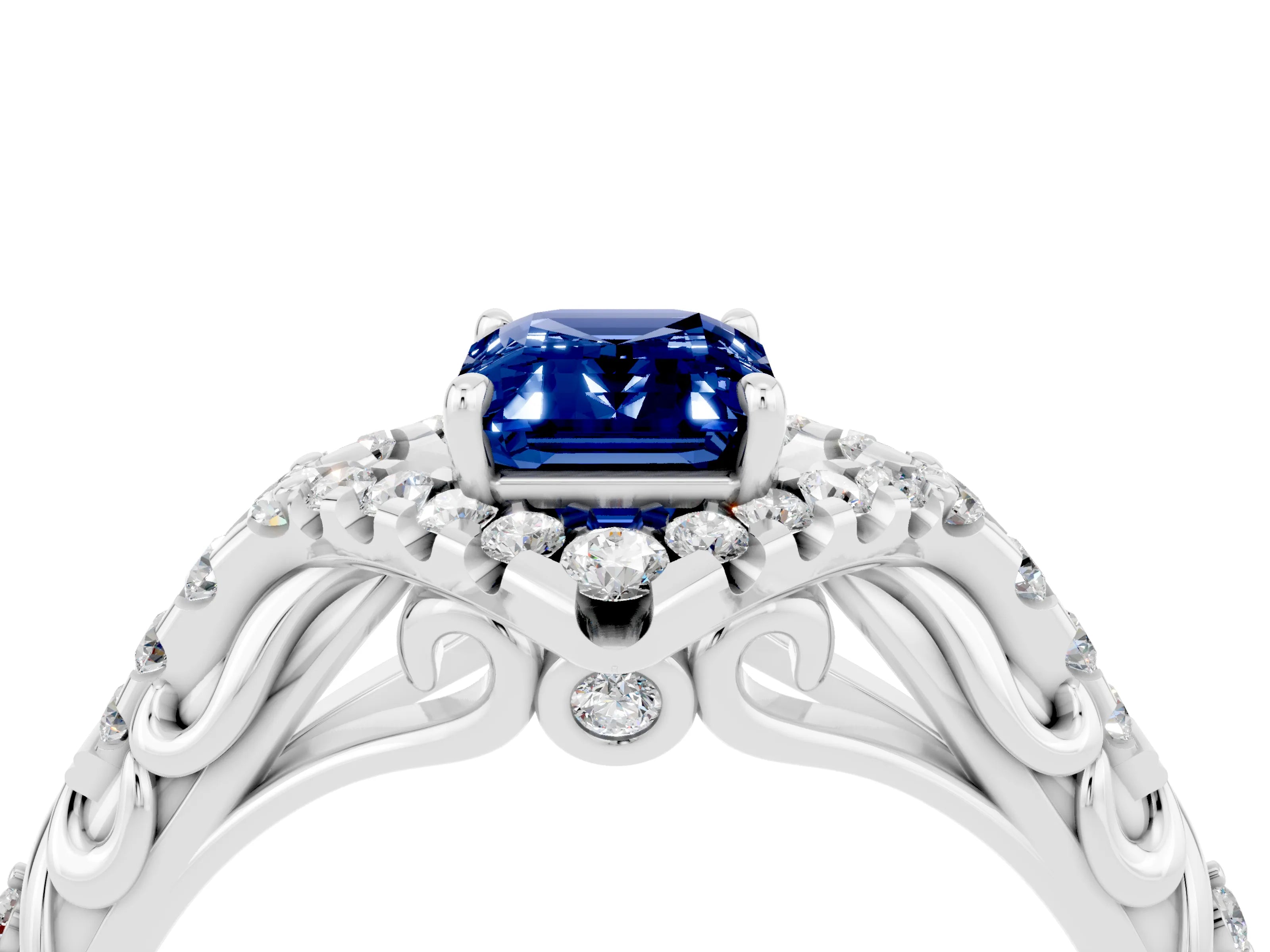 White gold Emerald Cut Blue Sapphire Solitaire Ring with Hidden Halo and Pavé Band_16