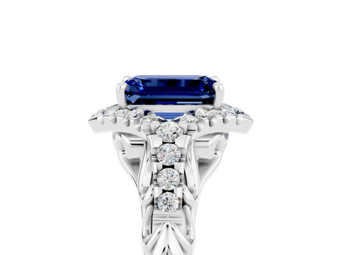 White gold Emerald Cut Blue Sapphire Solitaire Ring with Hidden Halo and Pavé Band_17
