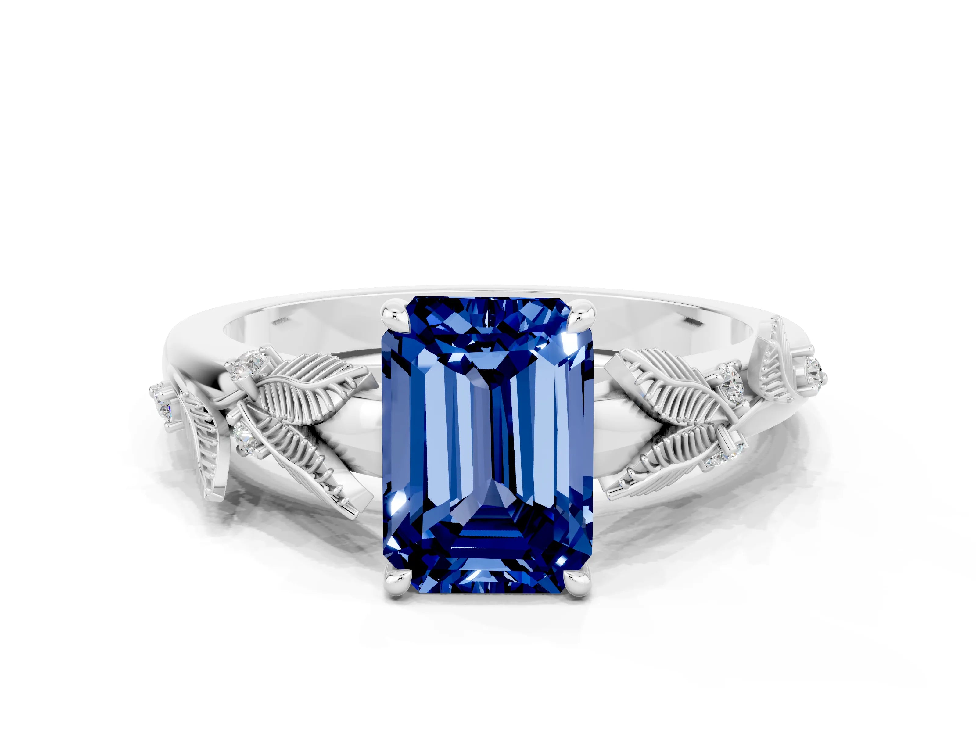 White gold Emerald Cut Blue Sapphire Solitaire Ring with Leaf Motif Band and Four-Prong Setting_12