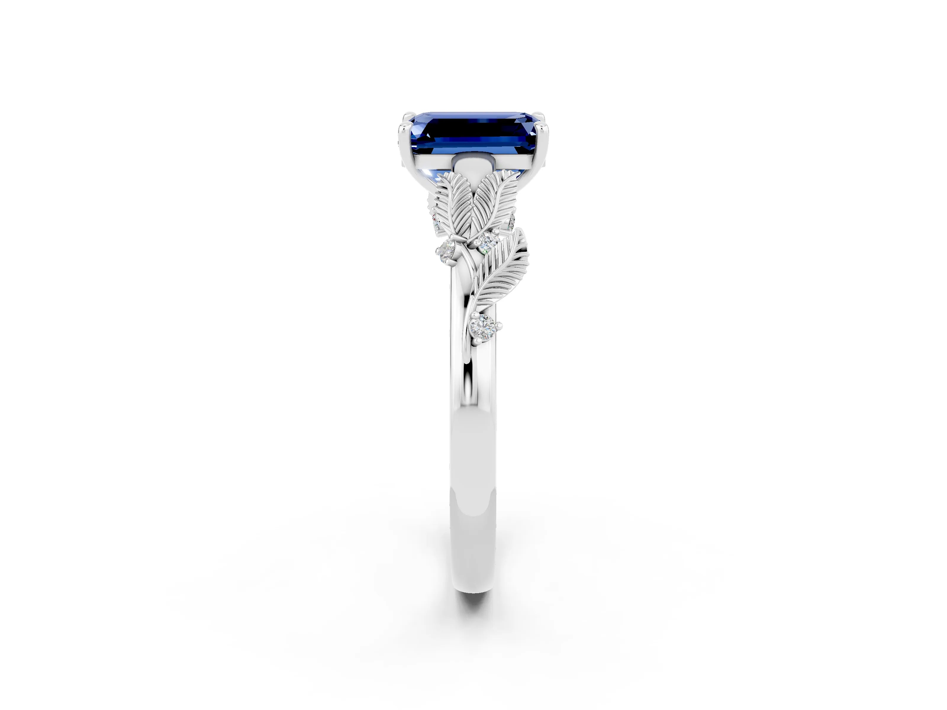 White gold Emerald Cut Blue Sapphire Solitaire Ring with Leaf Motif Band and Four-Prong Setting_2
